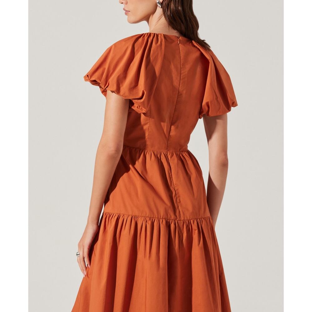 Astr the Label Aine Bow-Tie Puff-Sleeve Cotton Midi Dress Copper Medium - Picture 4 of 5